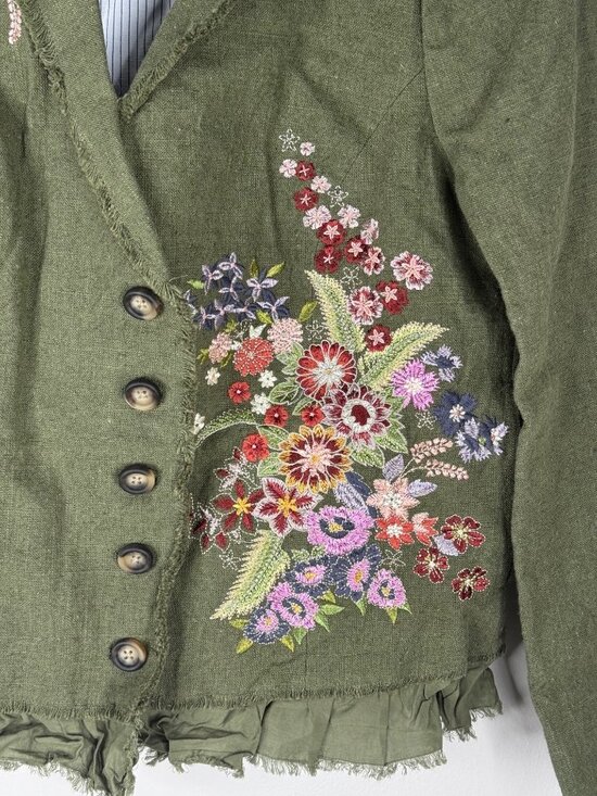 Sundance Embroidered Floral Linen Olive Green Blazer Jacket Lined Size M New - Picture 4 of 7